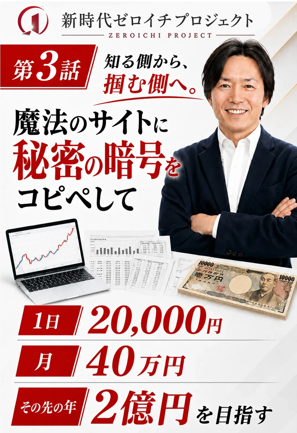 新時代ゼロイチプロジェクト第3話。魔法のサイトに秘密の暗号をコピペして、1日20,000円、月40万円、その先の年2億円を目指す。