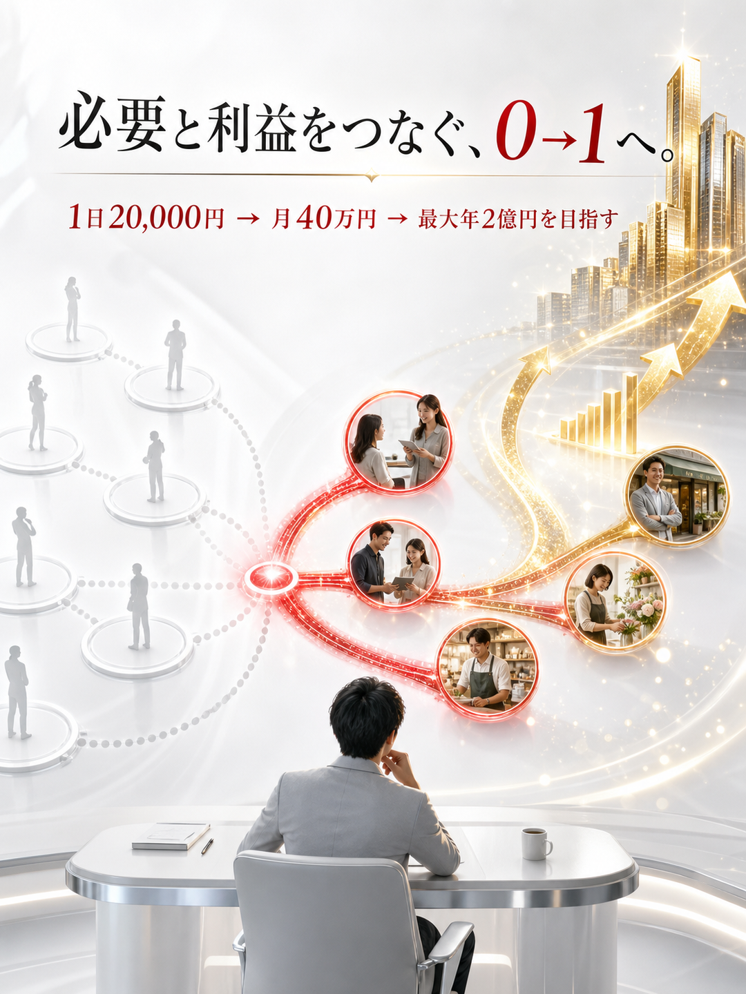 必要と利益をつなぐ0→1。1日20,000円から月40万円へ、その先に最大年2億円を目指す流れが、必要としている人や事業へ広がっていく。