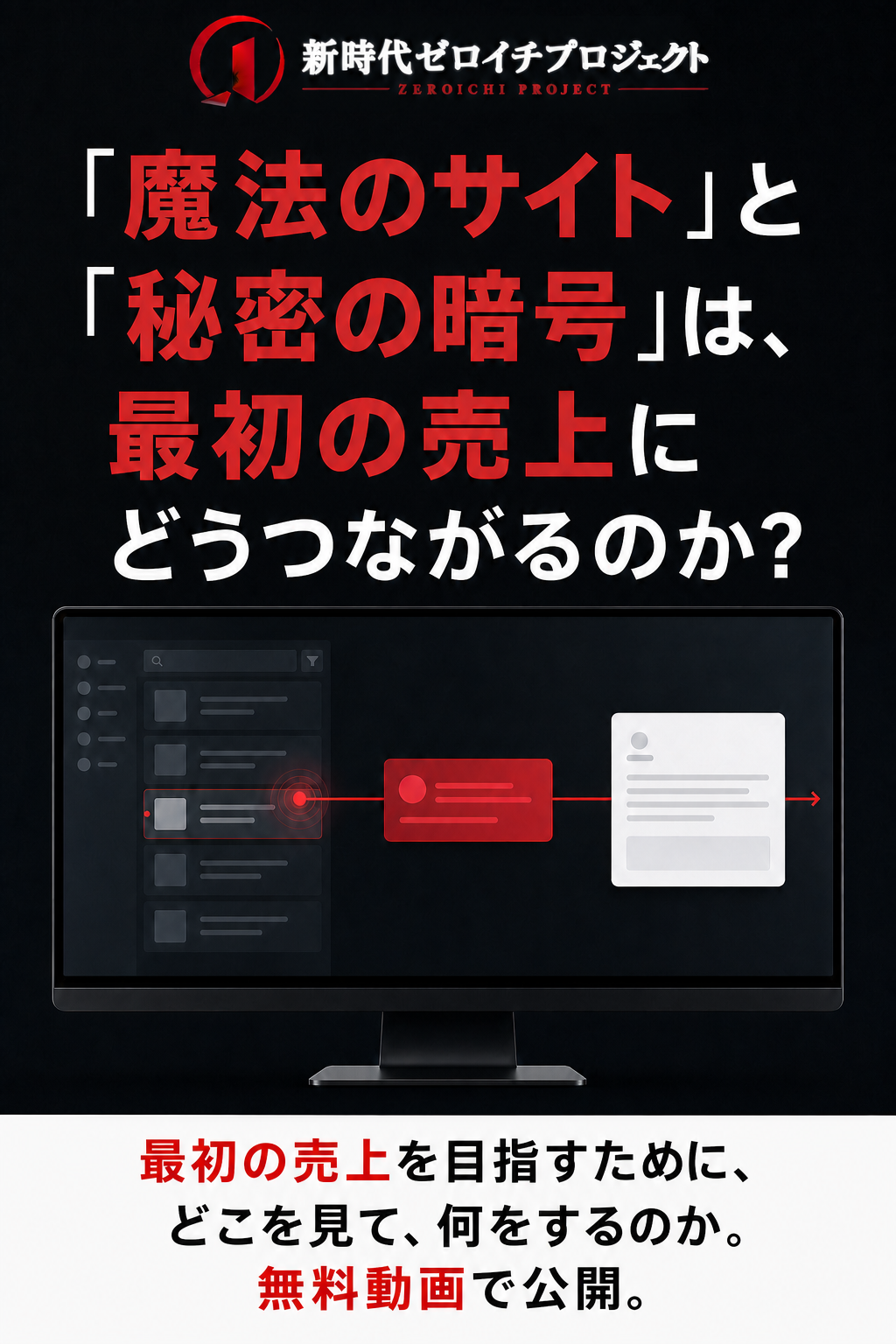 魔法のサイトと秘密の暗号は、最初の売上にどうつながるのか。最初の売上を目指すために、どこを見て何をするのかを無料動画で公開する案。