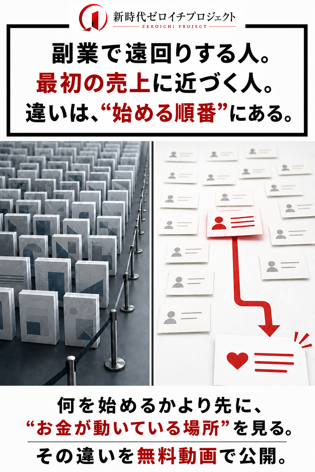 副業で遠回りする人と、最初の売上に近づく人。その違いは始める順番にあると示す案。